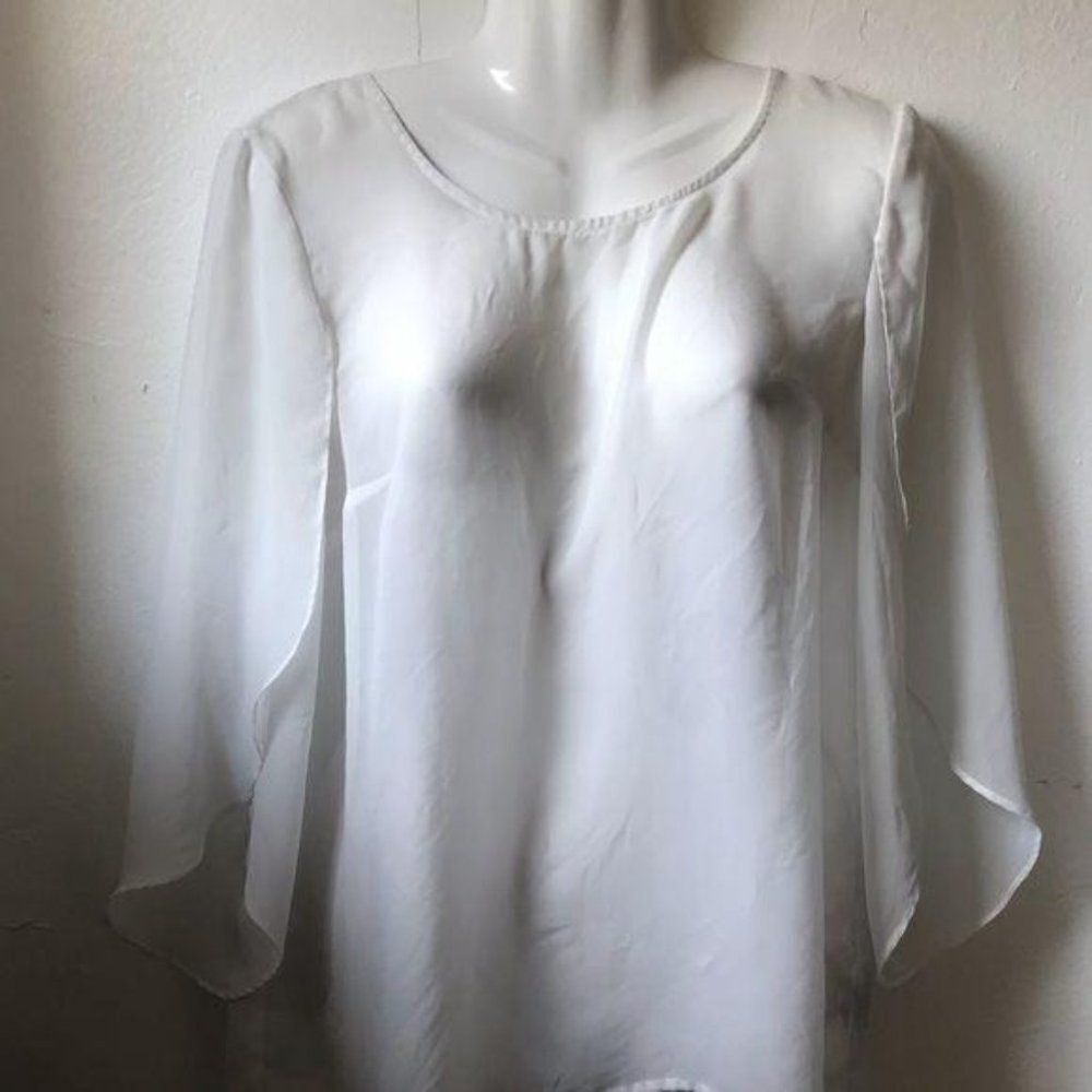AB Studio Mesh Ruffle Sleeve Blouse White Small